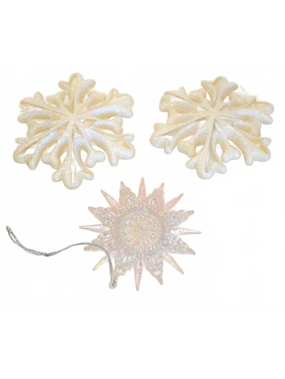 Lot of 3 Vintage Ornate Christmas Snowflake Ornaments - Two white and One clear